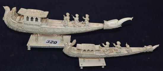 Two Indian carved ivory boat groups